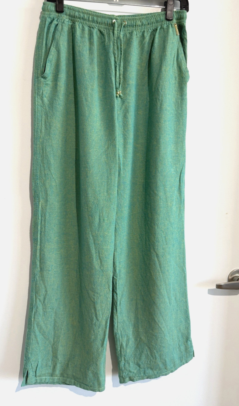 ST. JOHN SPORT Marie Gray Green Linen Wide Leg Drawstring Pants USA Size-Medium